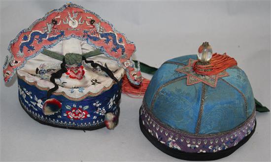 Two Chinese embroidered silk hats, late 19th / early 20th century,